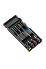 Set of precision screwdrivers with ergonomic handles in a black case, ideal for racewear maintenance and repairs.