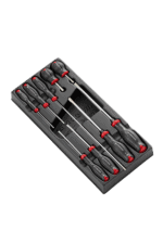 Set of precision screwdrivers with black and red handles in a black case, ideal for mechanics and electronics repair.
