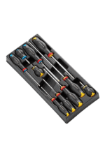 Set of precision screwdrivers with black and yellow handles in a plastic case, ideal for automotive and electronic repairs.