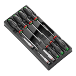 Set of five precision screwdrivers with black handles and colour-coded rings, arranged in a black case for professional use.
