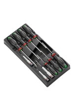 Set of five precision screwdrivers with black handles and colour-coded rings, arranged in a black case for professional use.