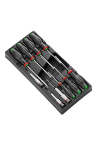 Set of five precision screwdrivers with black handles and colour-coded rings, arranged in a black case for professional use.