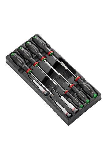 Set of five precision screwdrivers with black handles and colour-coded rings, arranged in a black case for professional use.