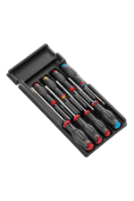 Set of precision screwdrivers with black handles and colour-coded tips in a black case, ideal for mechanics and DIY enthusiasts.