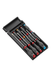 Set of precision screwdrivers with black handles and colour-coded tips in a black case, ideal for mechanics and DIY enthusiasts.