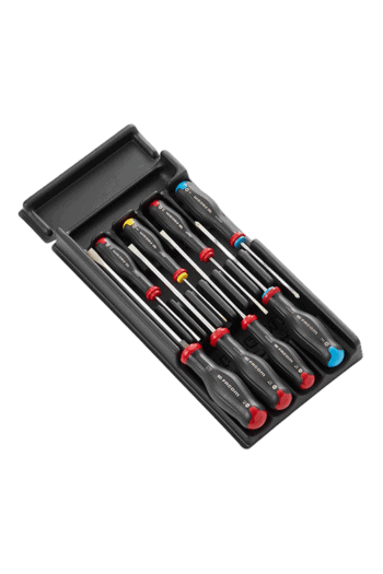 Set of precision screwdrivers with black handles and colour-coded tips in a black case, ideal for mechanics and DIY enthusiasts.