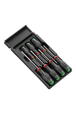 Set of precision screwdrivers with black handles and green accents in a black case, ideal for automotive and racing equipment maintenance.