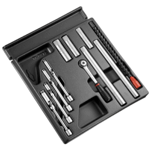 Complete socket and ratchet set for automotive and mechanical use, featuring various sizes and a sturdy case.