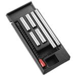 Set of spark plug service tools including sockets and a spark plug gap gauge in a black case.