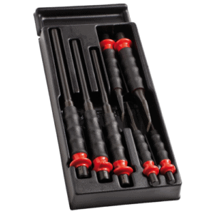 Set of Facom Drift punch chisels with sheathed cape chisel module in a black plastic case for precision metalworking.