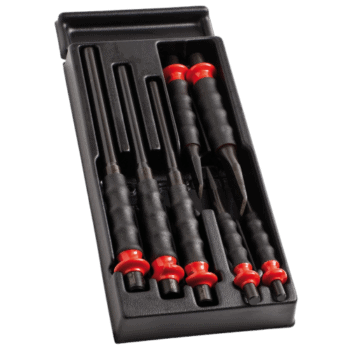 Set of Facom Drift punch chisels with sheathed cape chisel module in a black plastic case for precision metalworking.