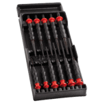 Set of six drift punches with black handles and red caps in a black plastic case, used for precision metalwork and automotive repairs.
