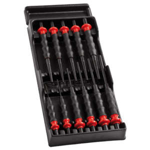 Set of six drift punches with black handles and red caps in a black plastic case, used for precision metalwork and automotive repairs.