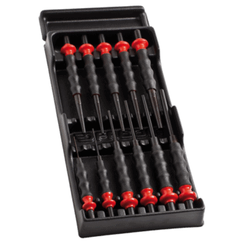 Set of six drift punches with black handles and red caps in a black plastic case, used for precision metalwork and automotive repairs.