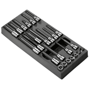 Set of 24 cylinder head tightening and loosening tools in a black case, used for engine maintenance and repair.