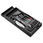 Set of precision automotive tools in a black case, including wrenches, screwdrivers, and a ratchet, for brake disc maintenance and repair.