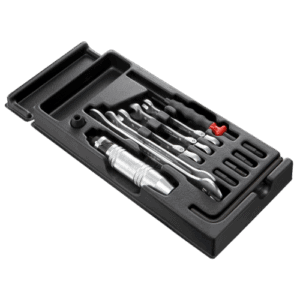 Set of precision automotive tools in a black case, including wrenches, screwdrivers, and a ratchet, for brake disc maintenance and repair.