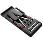 Set of professional brake tools in a black case, including pliers, wrenches, and ratchets, for automotive brake maintenance and repair.
