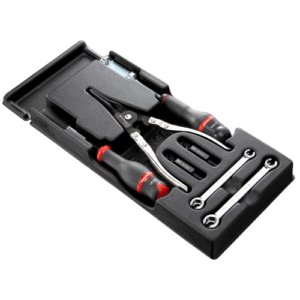Set of professional brake tools in a black case, including pliers, wrenches, and ratchets, for automotive brake maintenance and repair.