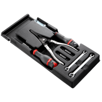 Set of professional brake tools in a black case, including pliers, wrenches, and ratchets, for automotive brake maintenance and repair.