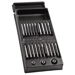 Facom 20 drive bits module MOD.E20L with various screwdriver bits in a black plastic case.