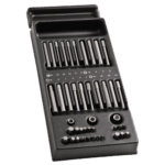 Facom 41-piece screw bit set in a black plastic case, featuring various sizes and types for versatile use.