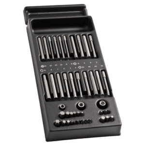 Facom 41-piece screw bit set in a black plastic case, featuring various sizes and types for versatile use.