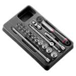 Facom 16-piece 3/8 inch 12-point socket set in a compact case, ideal for automotive and mechanical tasks.