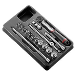 Facom 16-piece 3/8 inch 12-point socket set in a compact case, ideal for automotive and mechanical tasks.