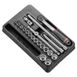 Facom 20-piece 3/8 metric 6-point socket set in a black case, including ratchet and extension bars for automotive and mechanical use.