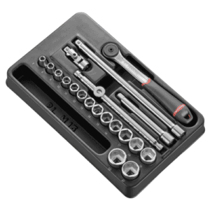 Facom 20-piece 3/8 metric 6-point socket set in a black case, including ratchet and extension bars for automotive and mechanical use.