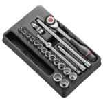 Facom 20-piece 3/8 metric 6-point socket set in a black case with ratchet and extension bars.