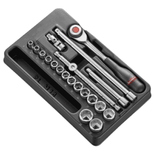 Facom 20-piece 3/8 metric 6-point socket set in a black case with ratchet and extension bars.
