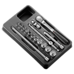 Facom 16-piece 3/8 inch 12-point socket set in a black case, including ratchet and various socket sizes for automotive and mechanical work.