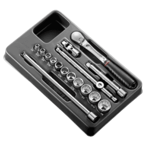 Facom 16-piece 3/8 inch 12-point socket set in a black case, including ratchet and various socket sizes for automotive and mechanical work.