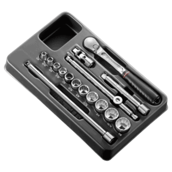 Facom 16-piece 3/8 inch 12-point socket set in a black case, including ratchet and various socket sizes for automotive and mechanical work.