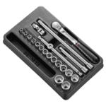 Facom 20-piece 3/8 metric 6-point socket set with ratchet and extension bars in a black case.