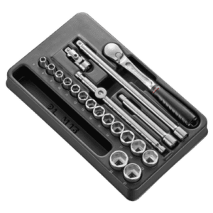 Facom 20-piece 3/8 metric 6-point socket set with ratchet and extension bars in a black case.
