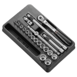 Facom 20-piece 3/8 metric 6-point socket set in a black case, including ratchet and extension bars.