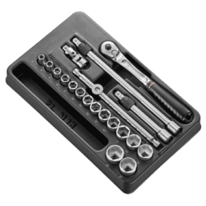 Facom 20-piece 3/8 metric 6-point socket set in a black case, including ratchet and extension bars.