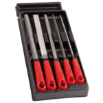 Set of five Facom file modules with red handles in a black plastic case, used for precision filing and finishing tasks.