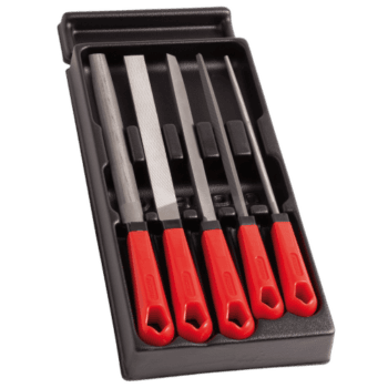 Set of five Facom file modules with red handles in a black plastic case, used for precision filing and finishing tasks.