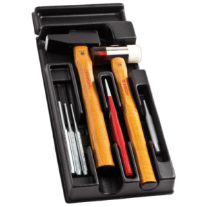 Facom impact tools module with hammers, chisels, and a mallet in a black case for professional use.
