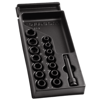 Set of impact sockets in a black plastic case, featuring various sizes for professional automotive and mechanical use.