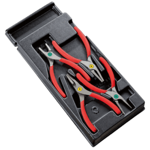 Set of four Facom circlip pliers in a black plastic case, designed for precision work.