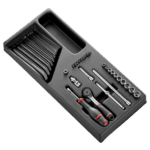 Facom 32-piece 1/4 inch metric 6-point socket set in a black storage case, including ratchet, extensions, and various socket sizes.