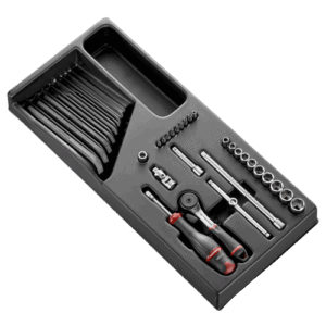 Facom 32-piece 1/4 inch metric 6-point socket set in a black storage case, including ratchet, extensions, and various socket sizes.