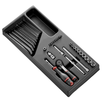 Facom 32-piece 1/4 inch metric 6-point socket set in a black storage case, including ratchet, extensions, and various socket sizes.