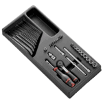 Facom 36-piece 1/4 metric 6-point socket set with ratchet and screwdriver in a black storage case.