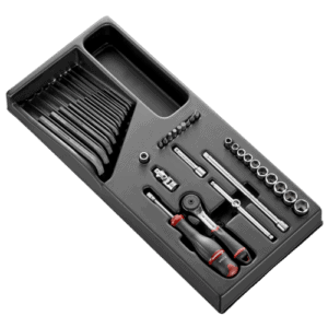 Facom 36-piece 1/4 metric 6-point socket set with ratchet and screwdriver in a black storage case.